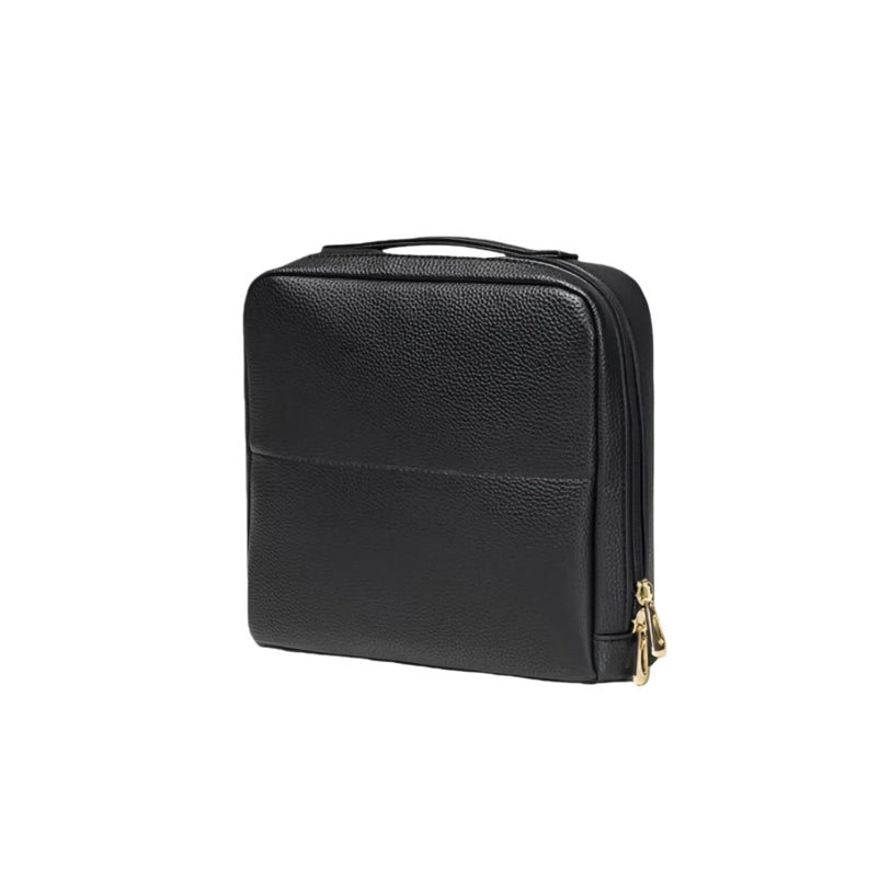 Black makeup bag with gold zipper on a white background