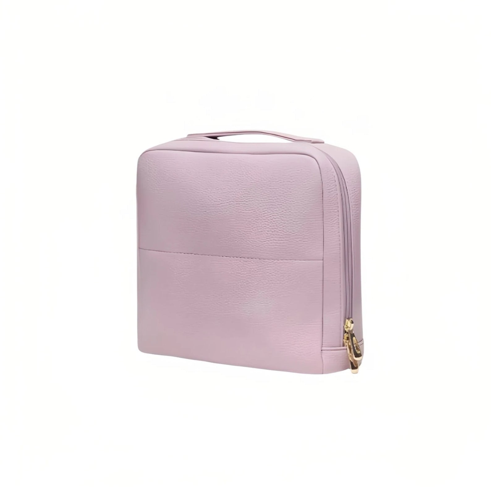 Violet makeup bag with a gold clasp on a white background