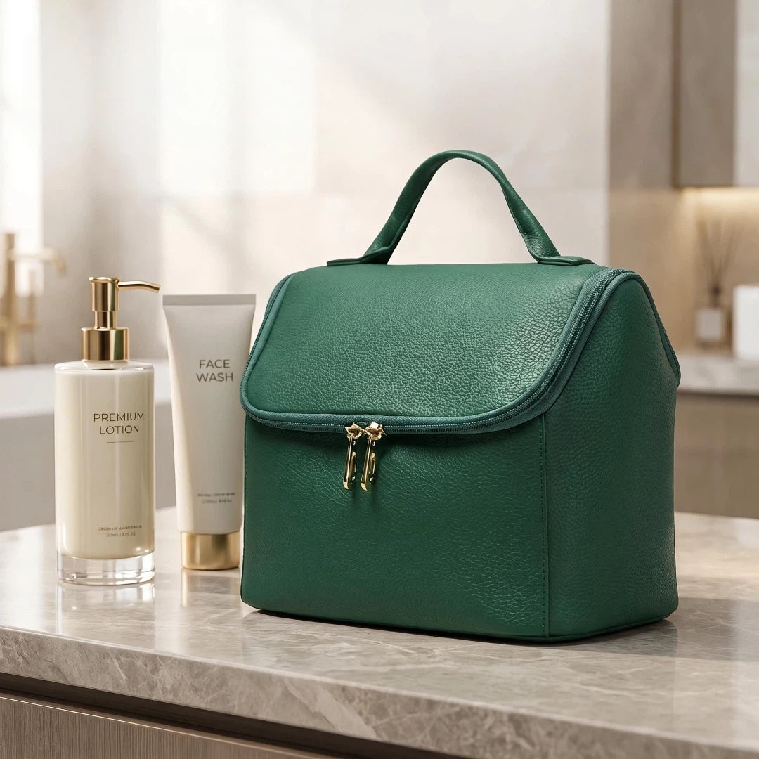Green makeup bag on a bathroom counter with skincare products