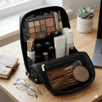 Open black makeup bag with cosmetic products on a wooden table.