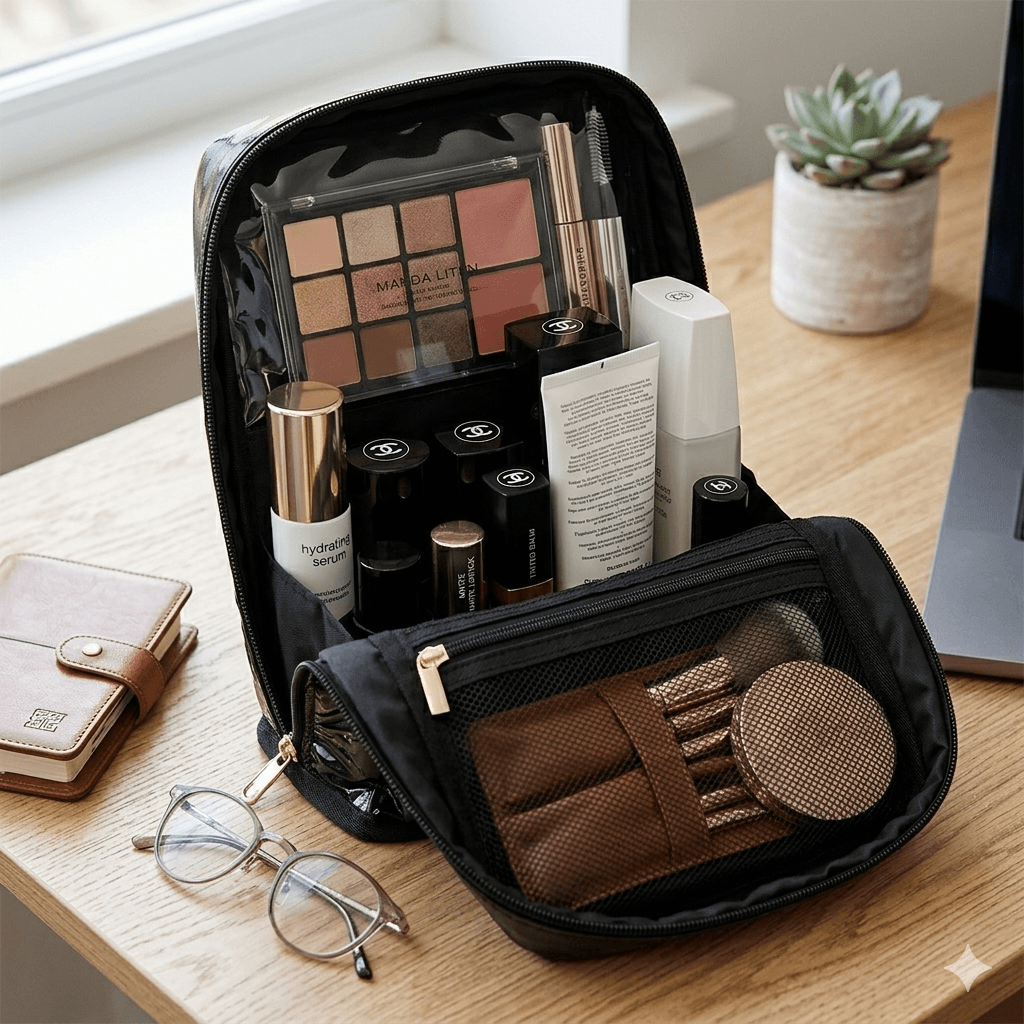 Open black makeup bag with cosmetic products on a wooden table.