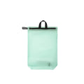 Light green travel bag with black zipper on a white background