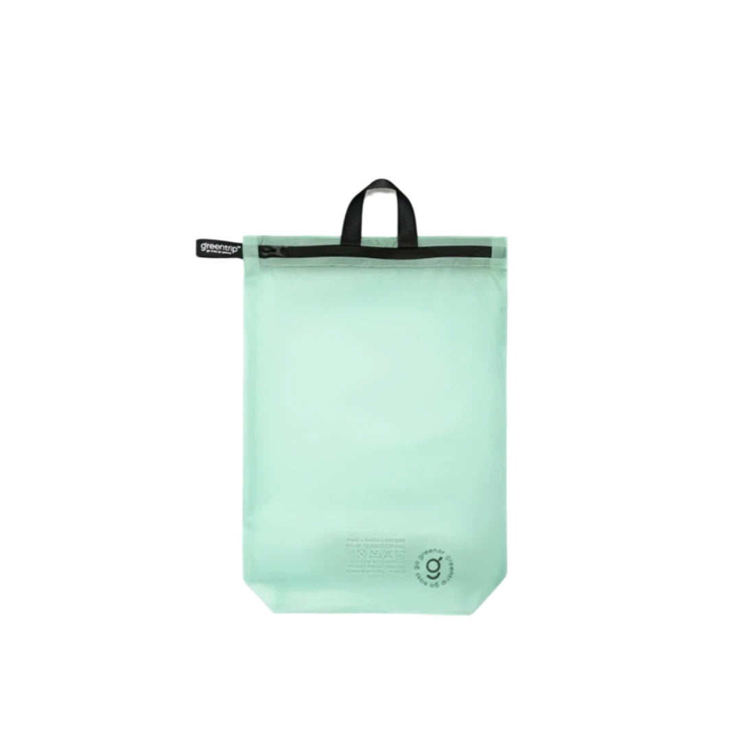Light green travel bag with black zipper on a white background