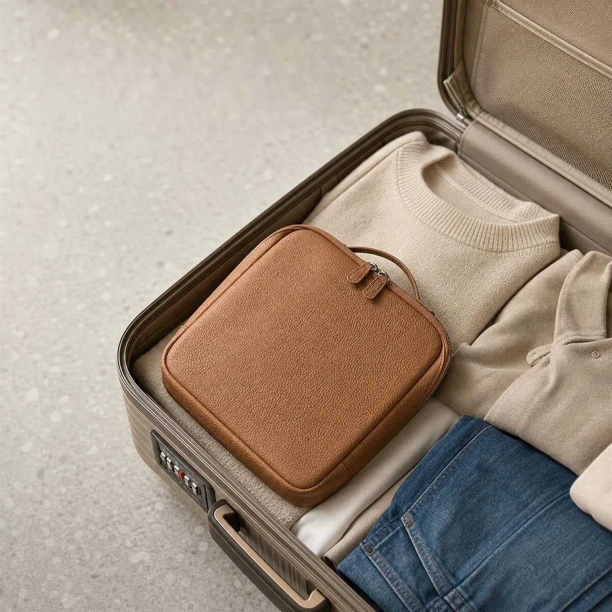 A brown leather luggage organizer pouch with a top handle, shown inside an open beige suitcase packed with a cream sweater and blue jeans on a light gray floor.