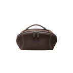 A dark brown leather travel or toiletry bag with a top handle, zippered closure, and white contrast stitching, shown against a plain white background.