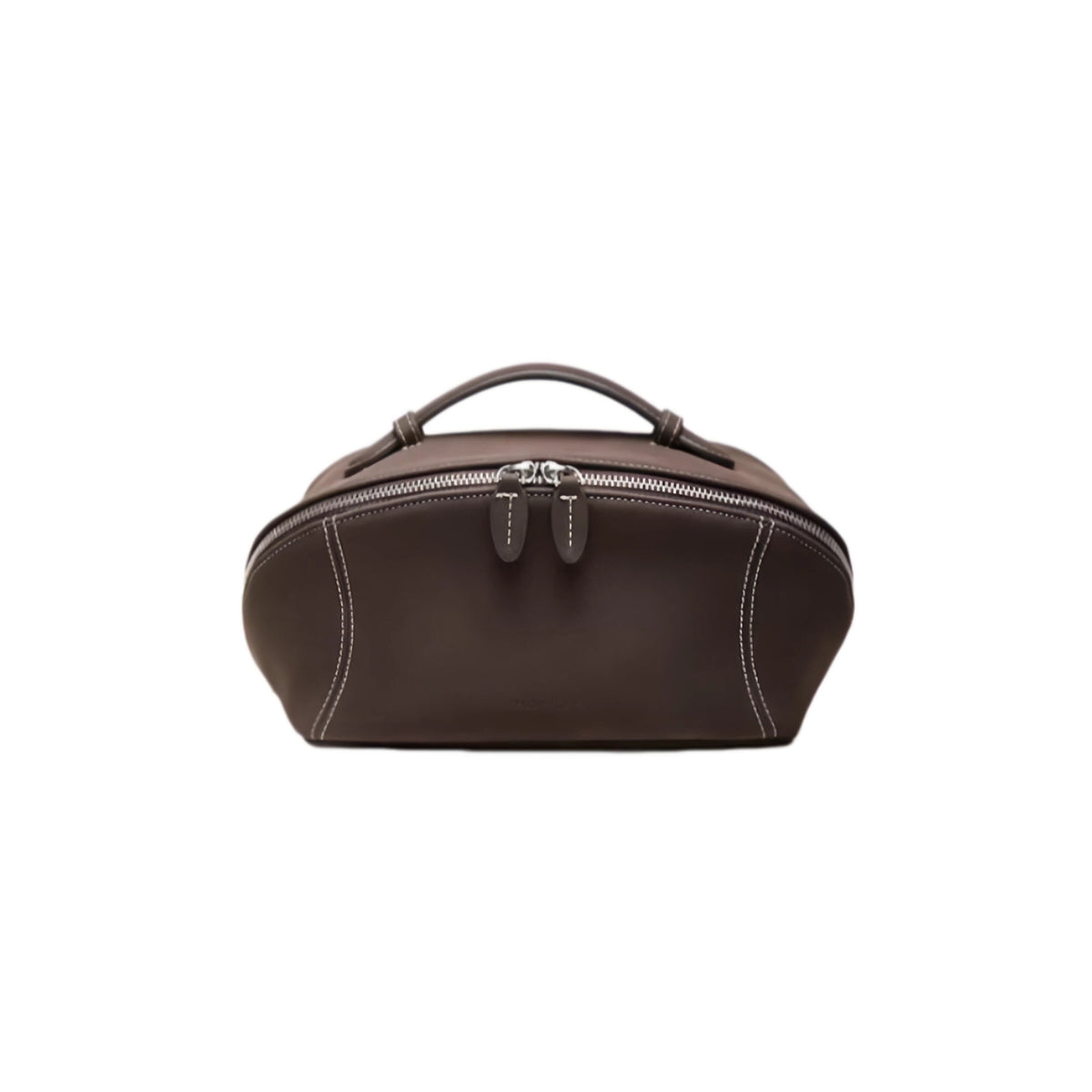 A dark brown leather travel or toiletry bag with a top handle, zippered closure, and white contrast stitching, shown against a plain white background.