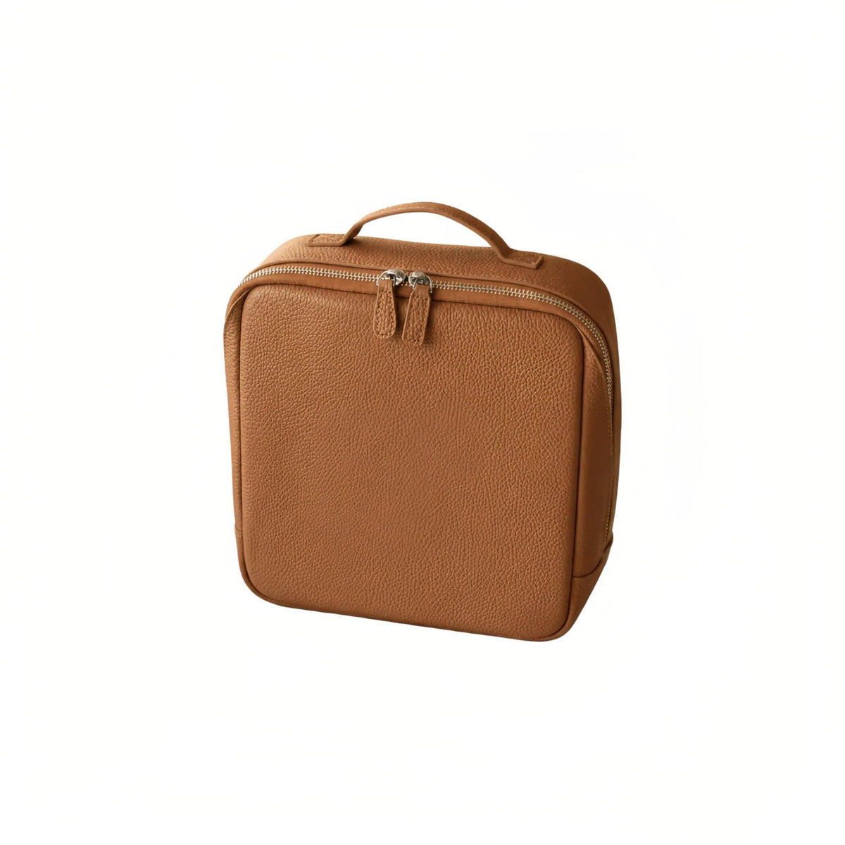 A brown pebbled leather cosmetic bag with a top handle and zippered closure, shown on a plain white background.