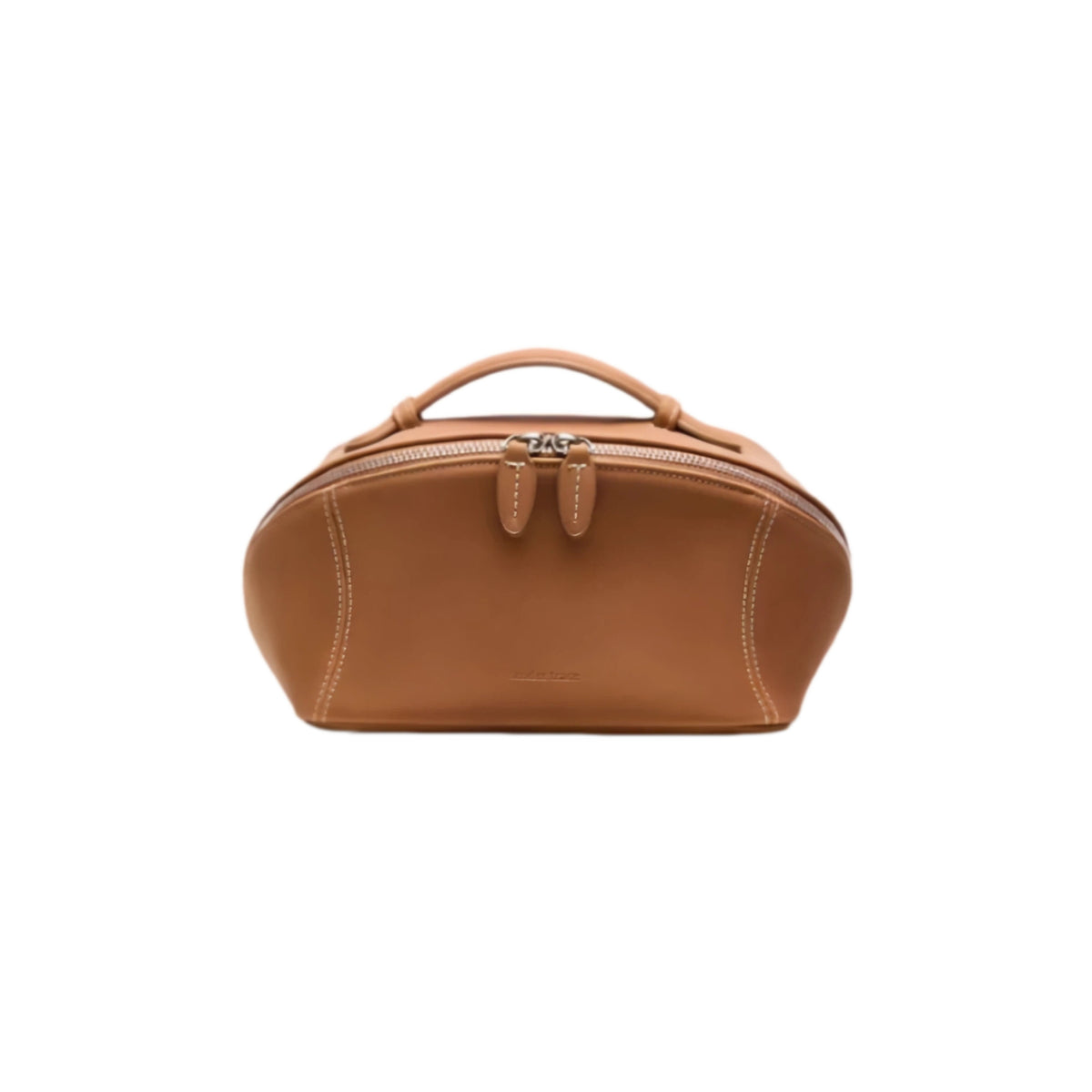 A brown cosmetic bag with a top handle, zippered closure, and decorative front tab details, shown against a plain white background.