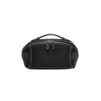A black leather cosmetic bag with white contrast stitching, a top handle, and a zippered closure, shown against a plain white background.