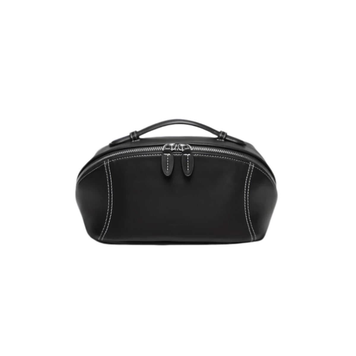 A black leather cosmetic bag with white contrast stitching, a top handle, and a zippered closure, shown against a plain white background.