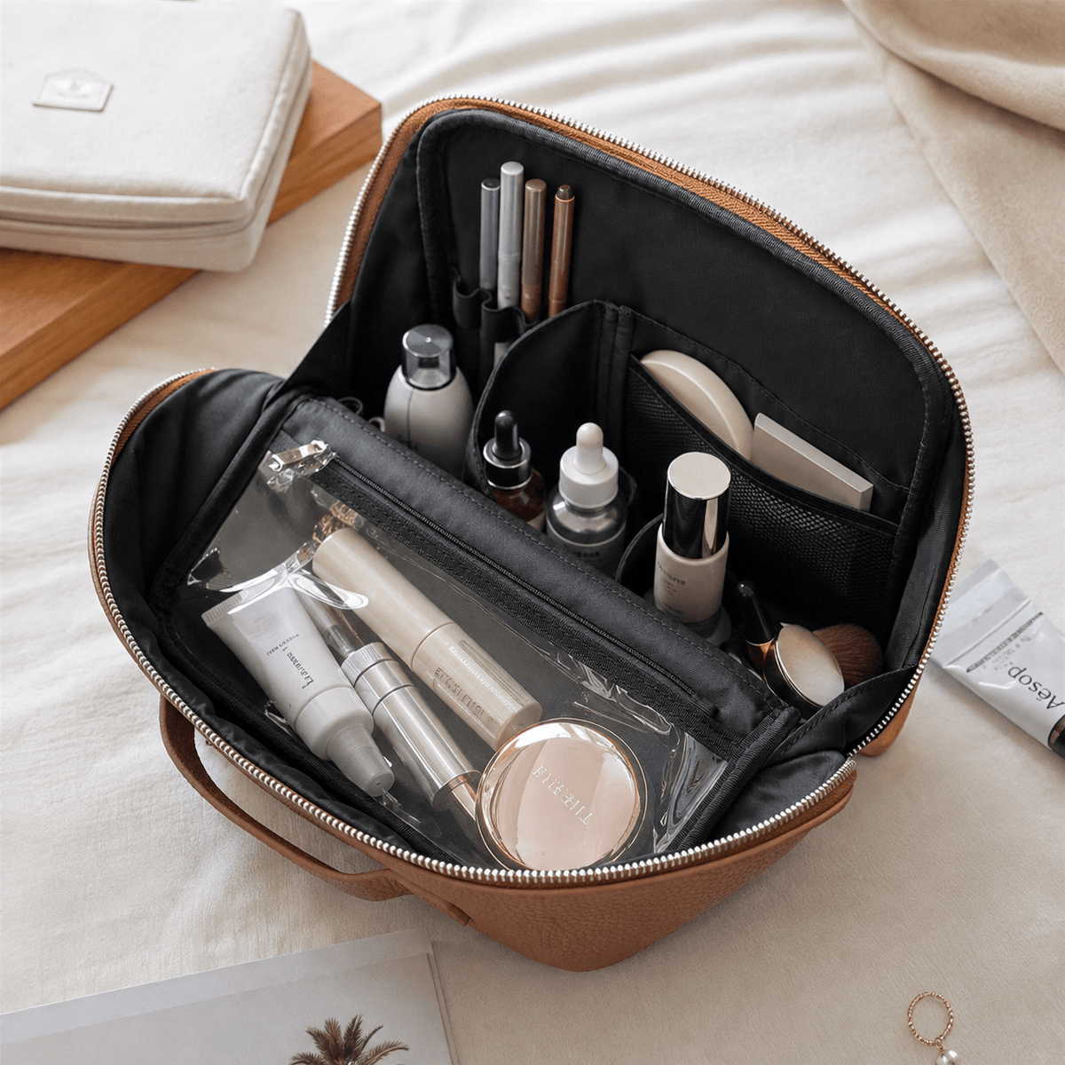 An open brown cosmetic bag with a black interior, shown on a bed with makeup items inside and a folded cream bag nearby.