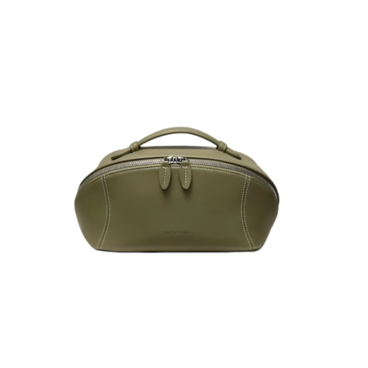 An olive green cosmetic bag with a top handle, zippered closure, and silver-tone hardware, shown against a plain white background.