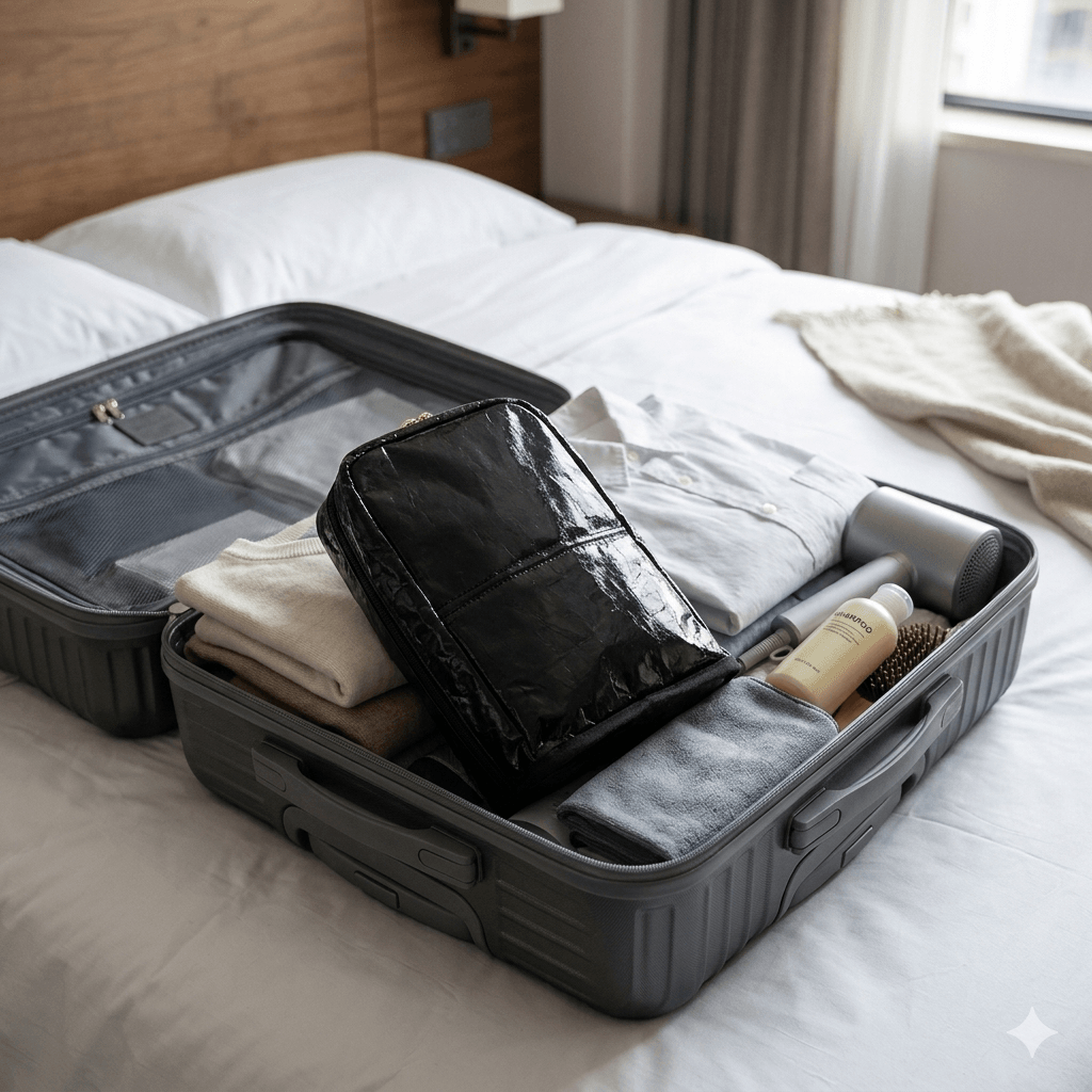 Open suitcase on a bed with clothes and a black makeup bag