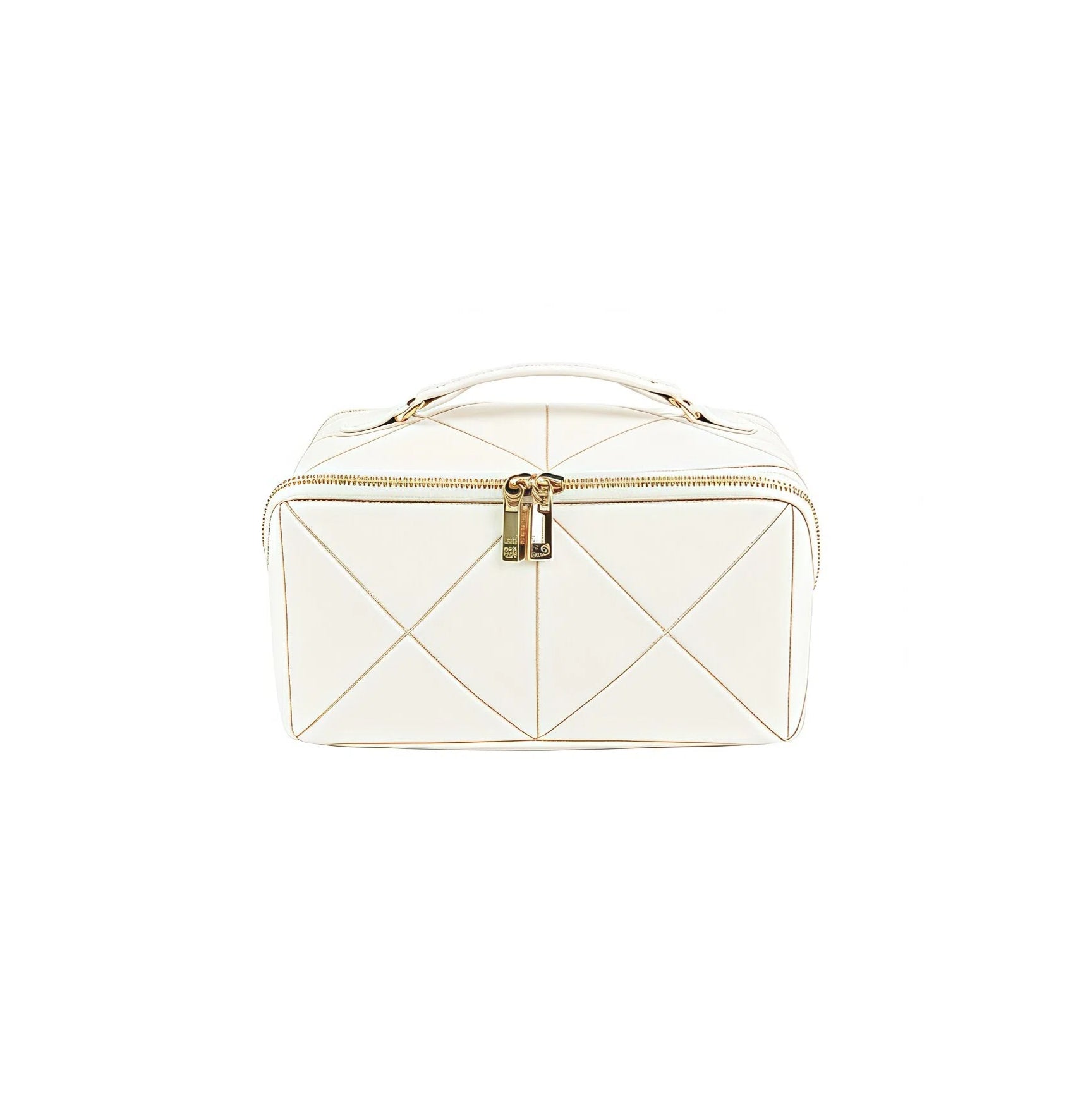 White cosmetic bag with gold accents on a white background