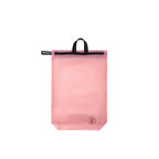 Pink travel bag with black zipper and handle on a white background