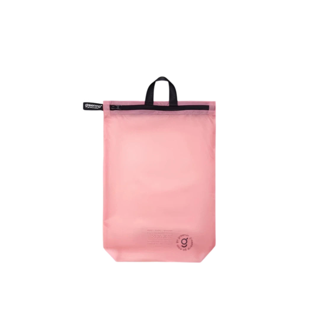 Pink travel bag with black zipper and handle on a white background