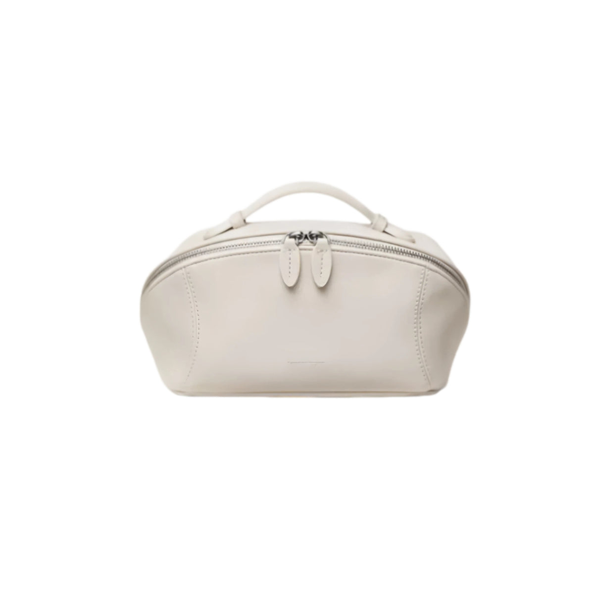 A cream cosmetic bag with a top handle, zippered closure, and decorative pull tabs, shown against a plain white background.