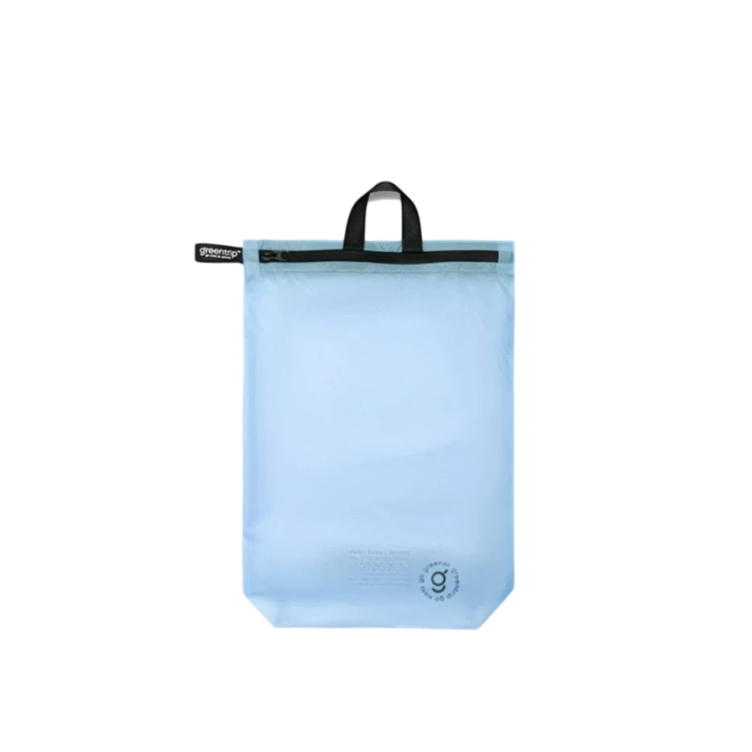 Light blue travel bag with black handle on a white background