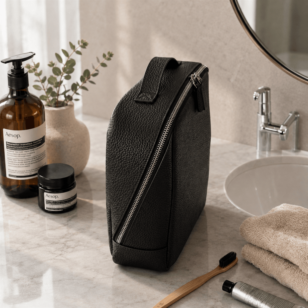 A black pebbled leather cosmetic pouch with a diagonal zip closure, styled on a marble bathroom counter next to a sink, toothbrush, and skincare products.
