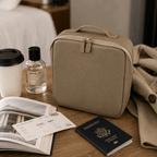 An olive grey pebbled leather travel case with a top handle sits on a wooden table surrounded by travel props, including a passport, boarding pass, coffee cup, and a bottle of perfume.
