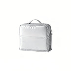 A silver cosmetic pouch or organizer case with a top handle and zippered closure, shown on a plain white background.