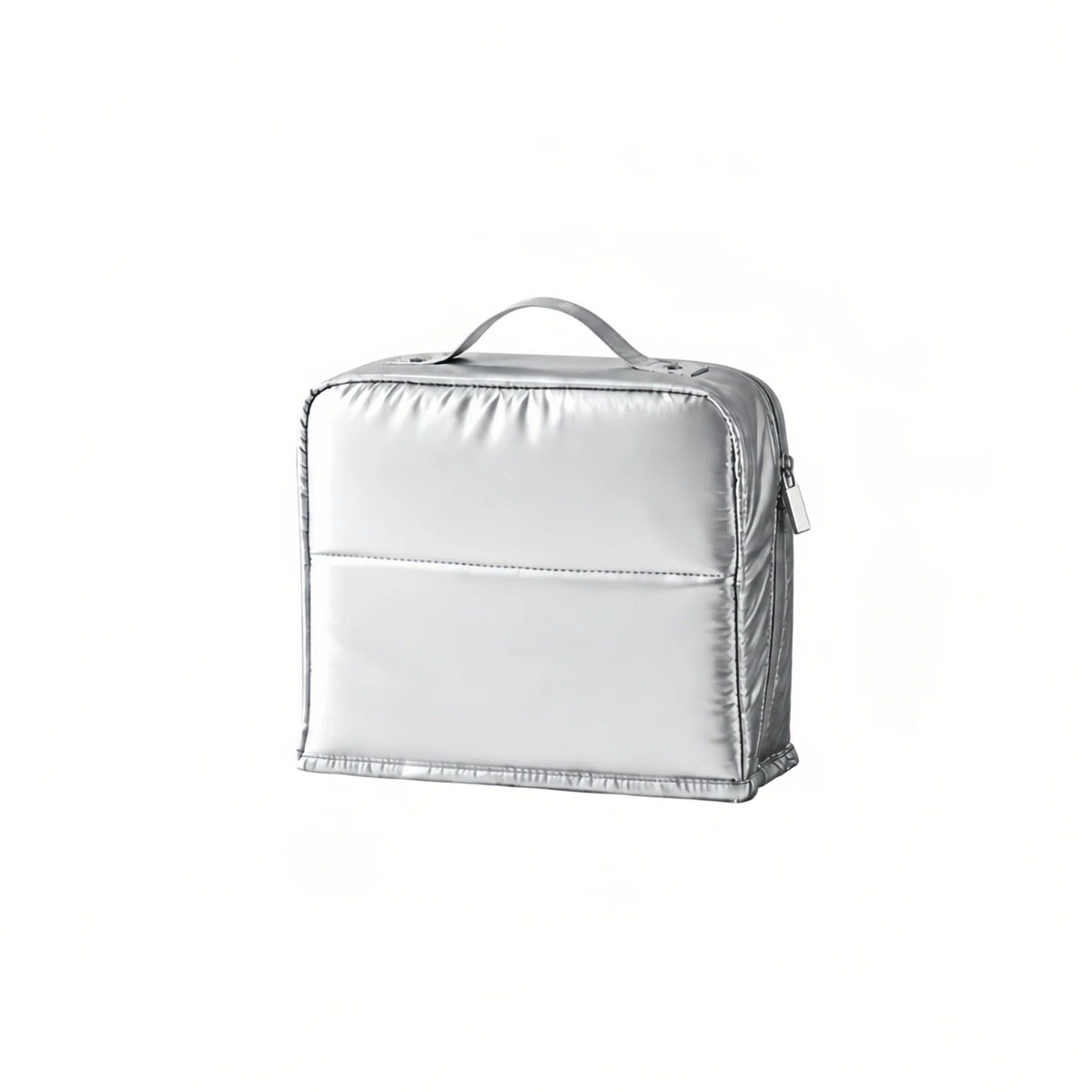A silver cosmetic pouch or organizer case with a top handle and zippered closure, shown on a plain white background.