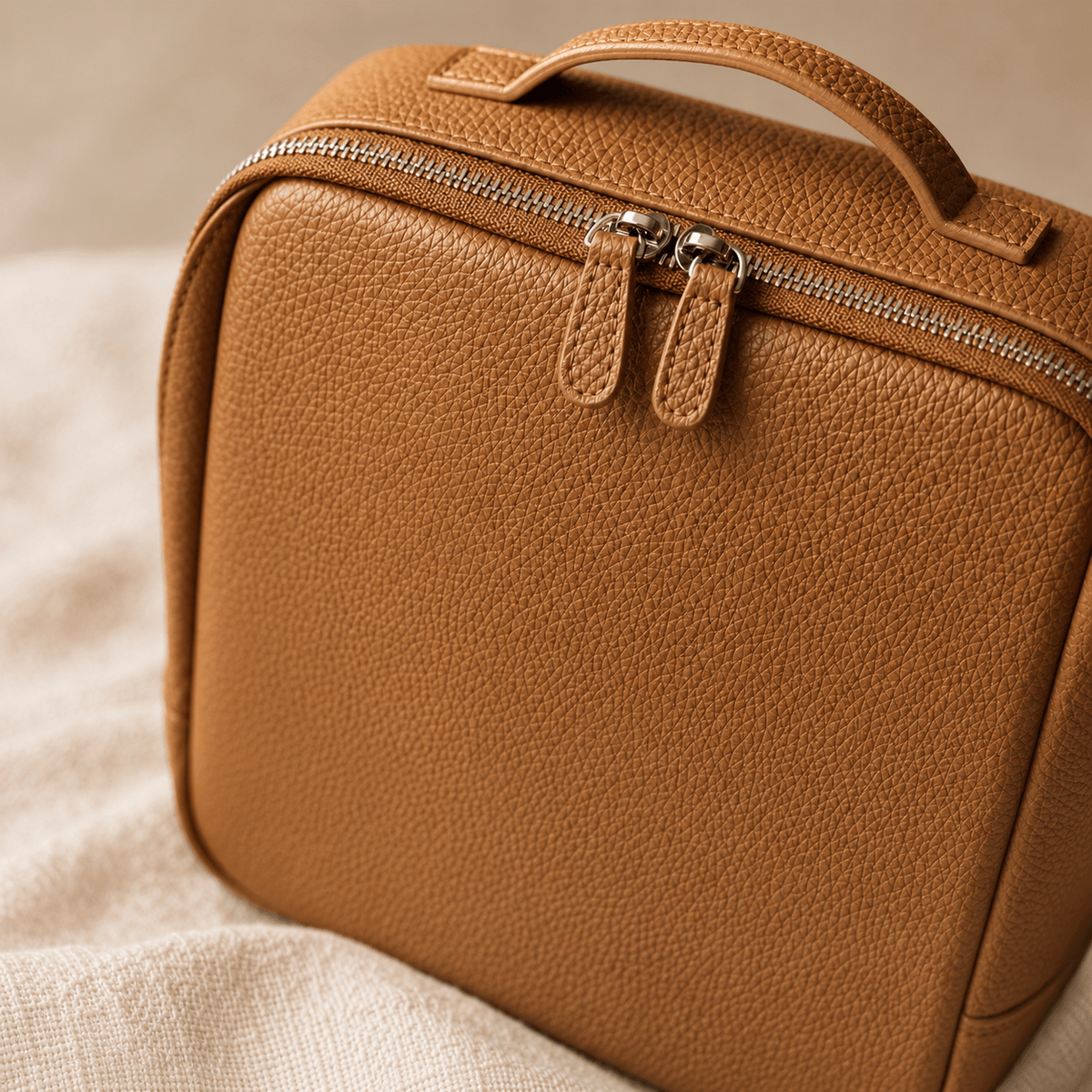 A close-up of a brown leather cosmetic bag with a top handle, dual zipper pulls, and silver-tone zippers, resting on a soft beige fabric surface.