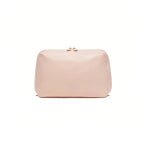 A light pink makeup bag with a small gold-tone metal clasp on top, shown against a plain white background.
