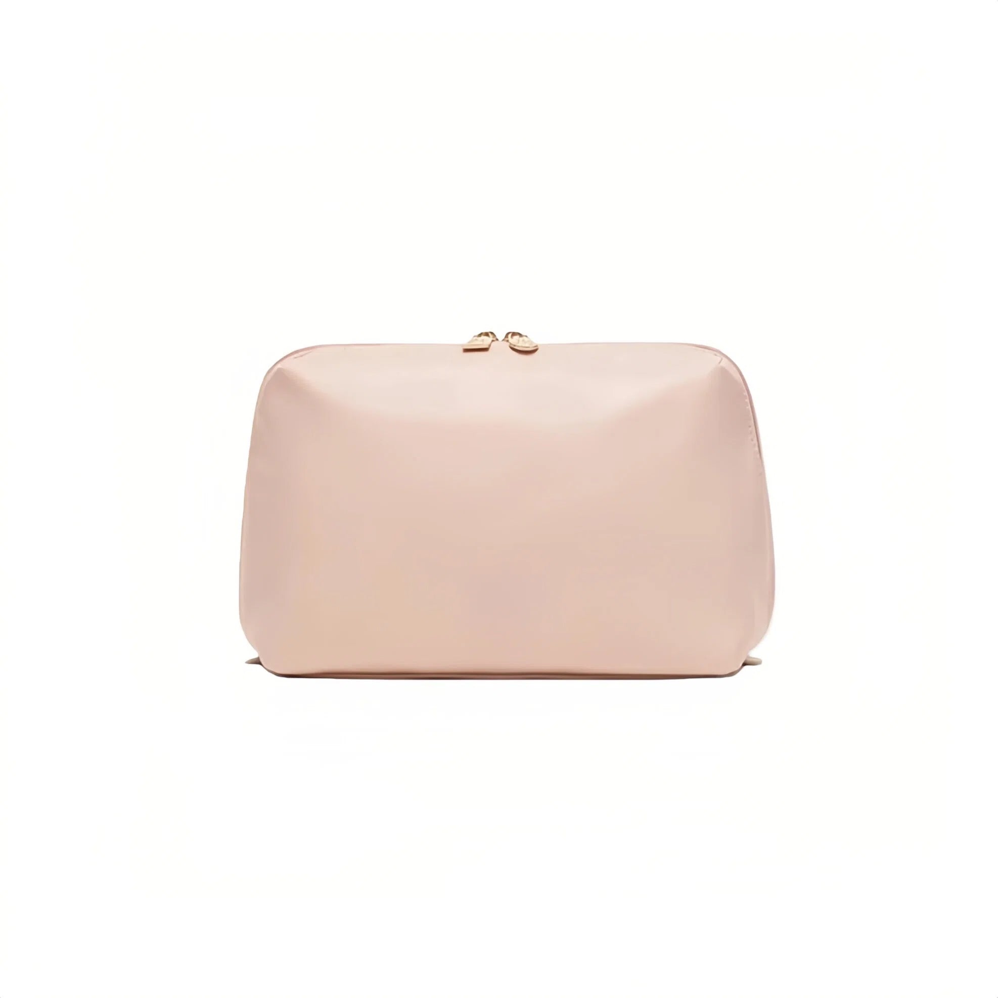 A light pink makeup bag with a small gold-tone metal clasp on top, shown against a plain white background.