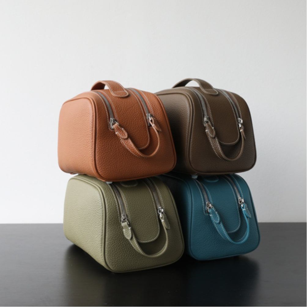 Dual-Zip Structured Leather Vanity Bag