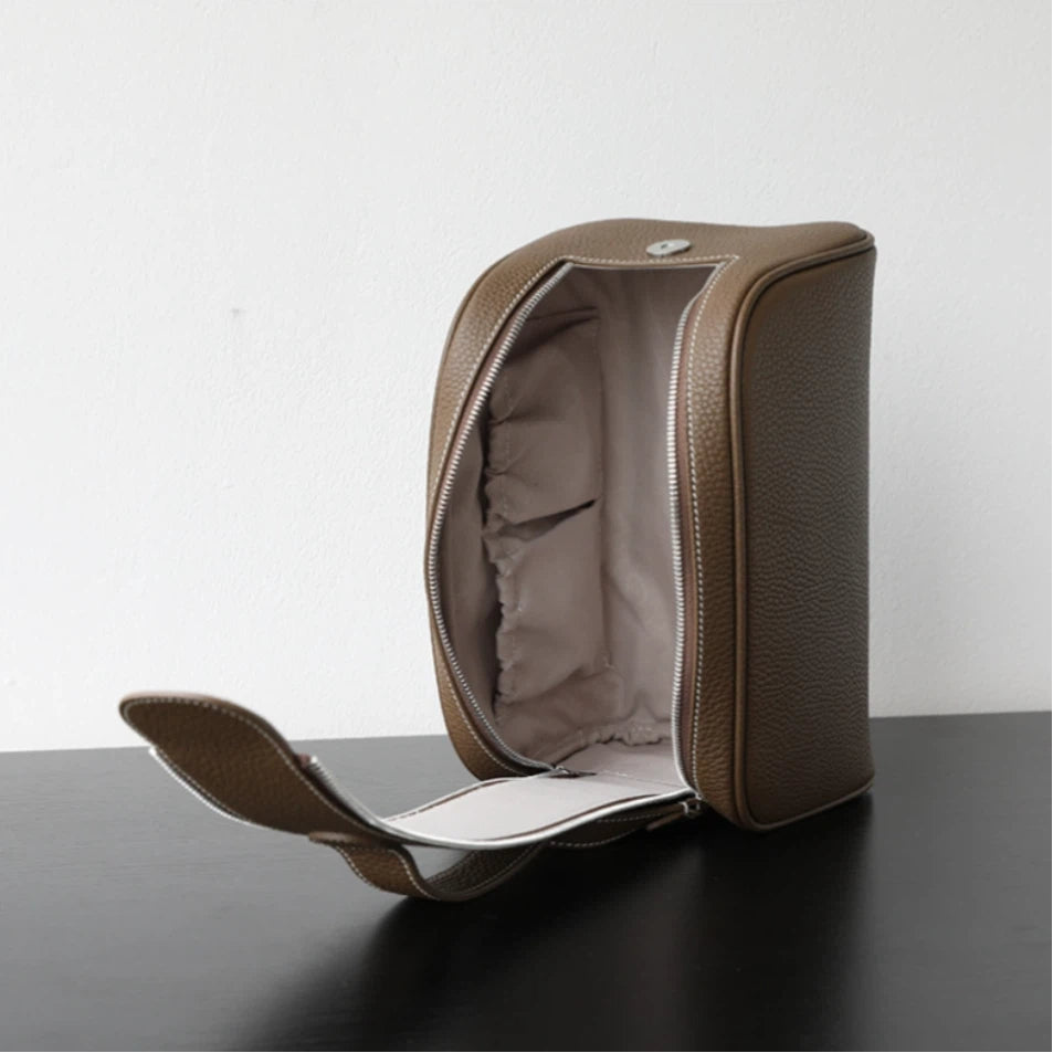 Dual-Zip Structured Leather Vanity Bag