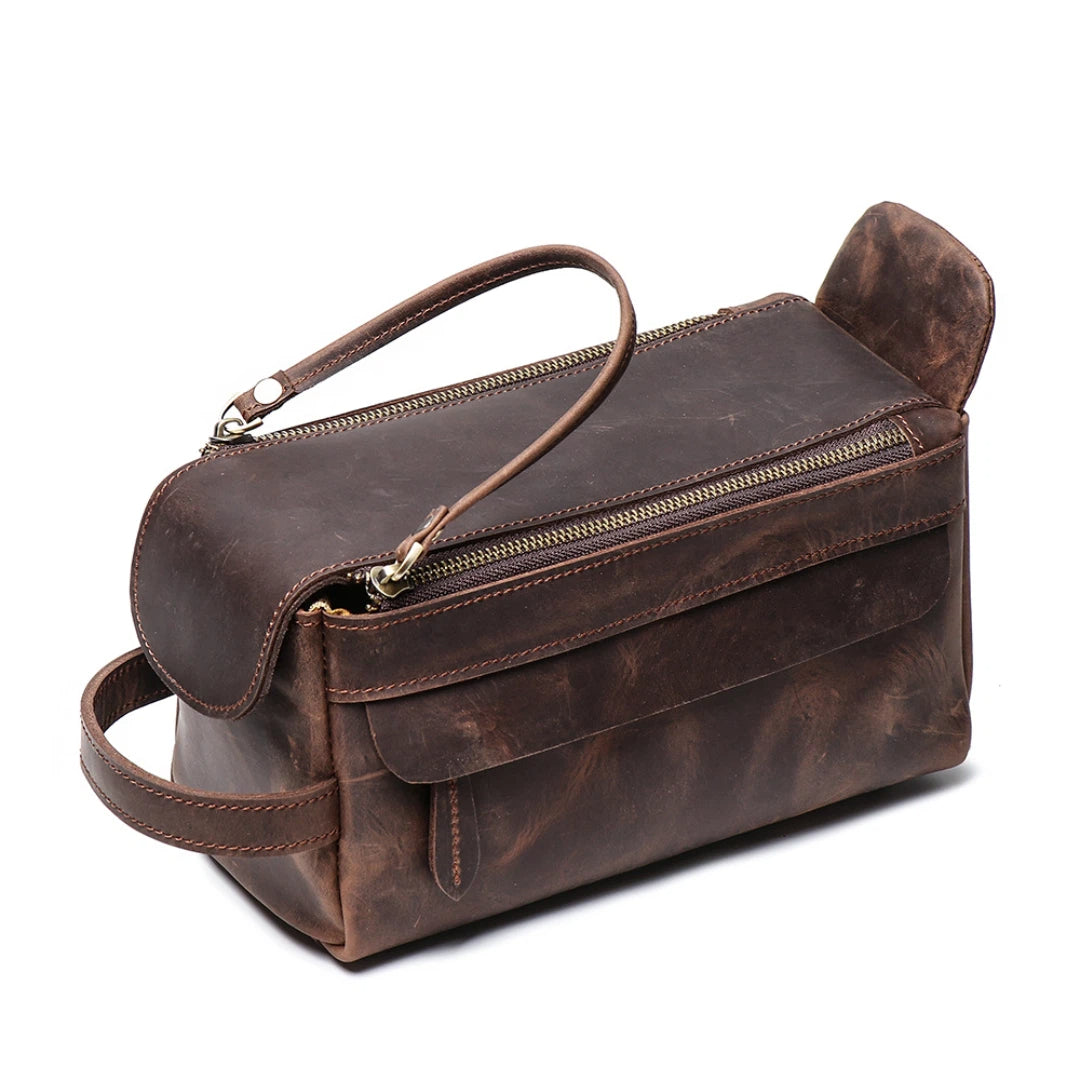 Double-Zip Leather Men's Toiletry Bag
