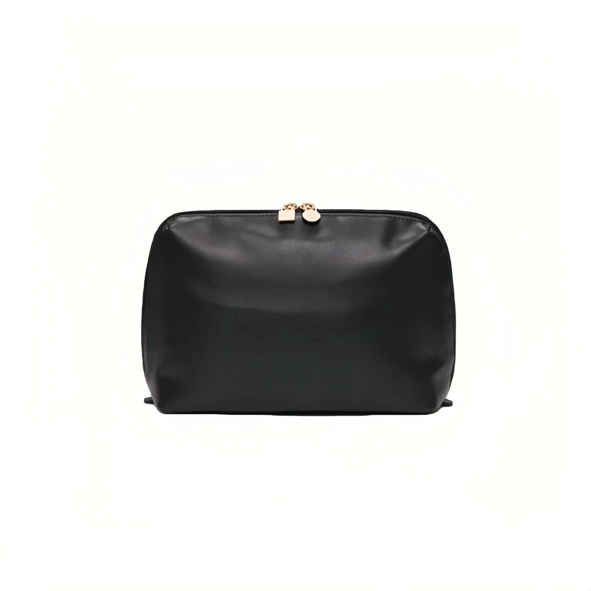 A black cosmetic pouch shown against a plain white background.