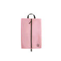 Pink shoe bag with a black zipper on a white background