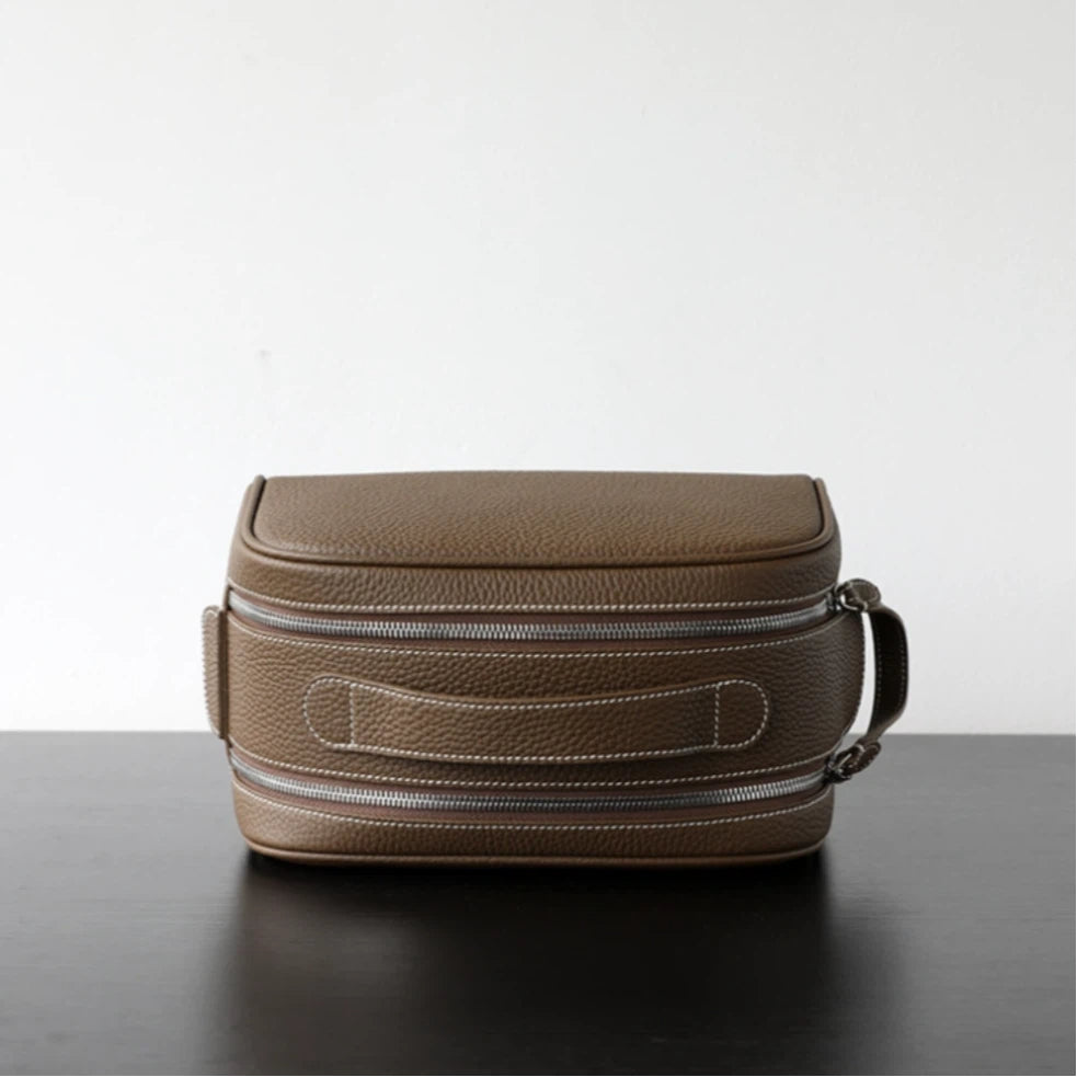 Dual-Zip Structured Leather Vanity Bag