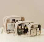 Set of transparent cosmetic bags with visible skincare products on a neutral background