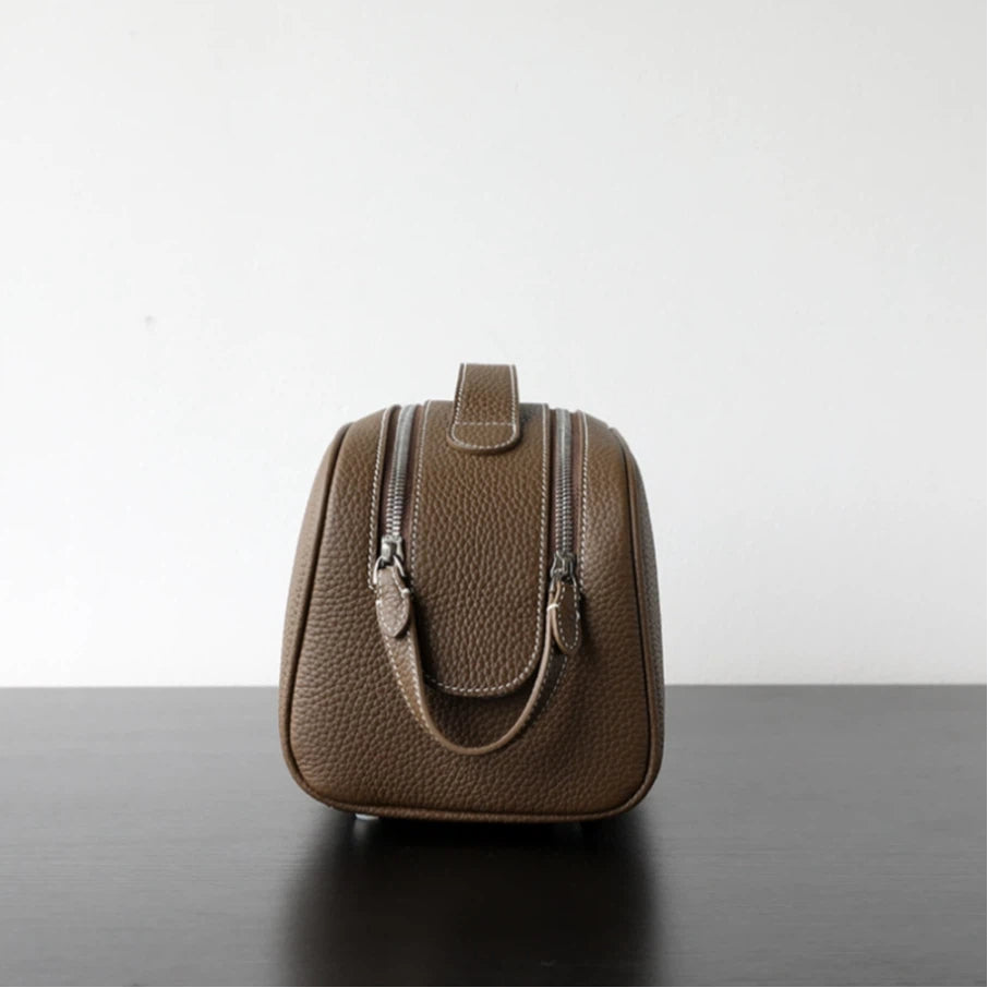Dual-Zip Structured Leather Vanity Bag