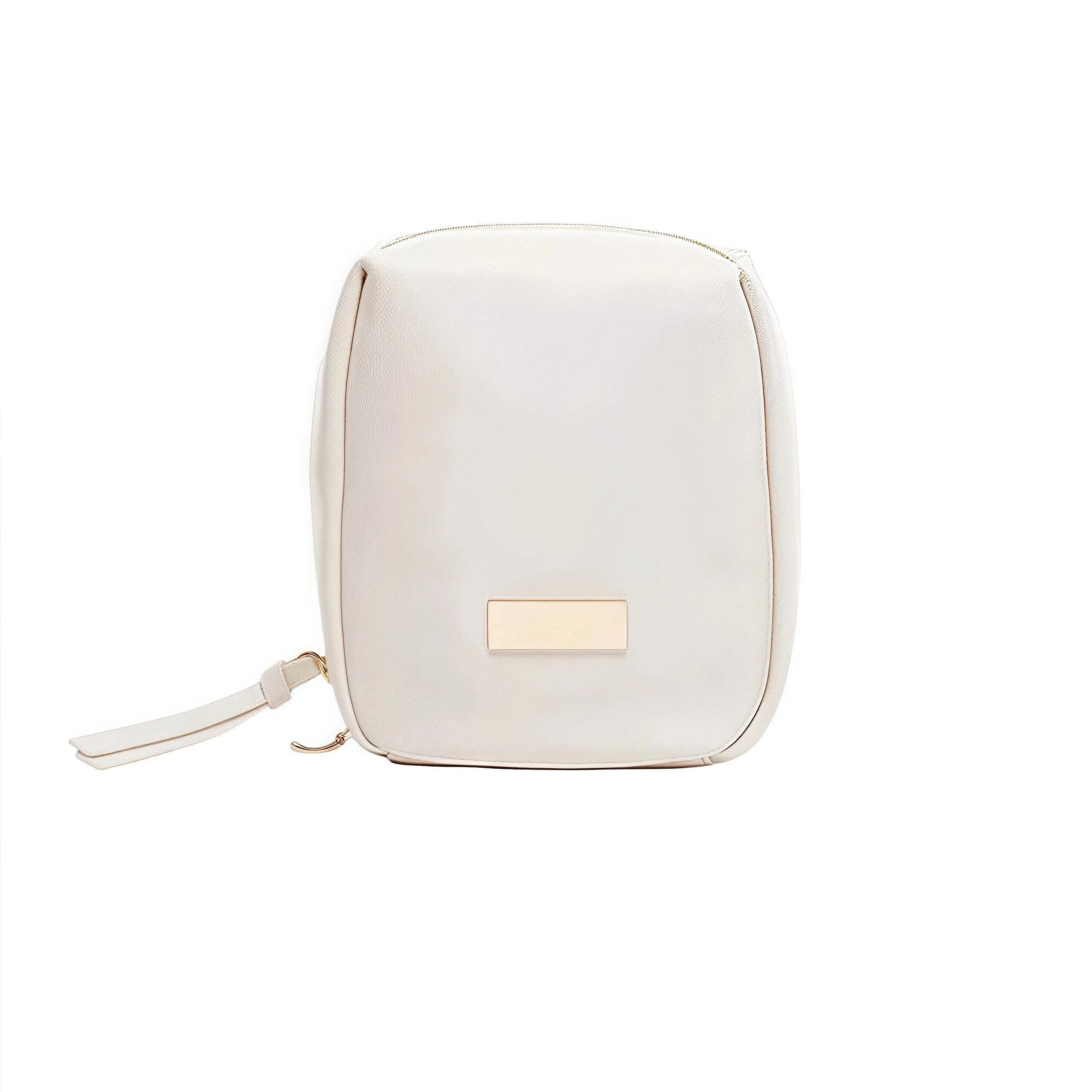 White cosmetic bag with a gold tag on a white background