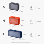 Size chart for a zippered travel pouch showing three color options: S Grey (150mm x 110mm, approx. 60g), M Orange (180mm x 130mm, approx.