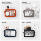 A four-panel collage showing a clear zippered travel pouch in different colors, each labeled for a use case: Makeup & Skincare, Bath & Body, Baby Care, and Office & Stationery. The pouch is shown empty or partially filled with representative toiletries and accessories, on a clean white background.
