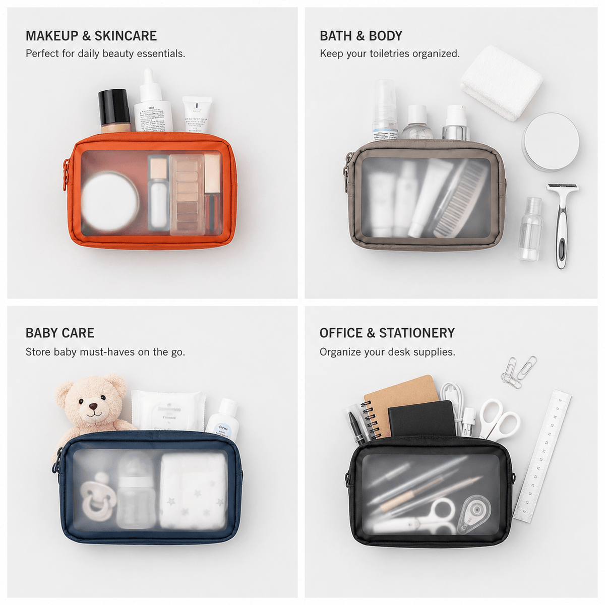 A four-panel collage showing a clear zippered travel pouch in different colors, each labeled for a use case: Makeup & Skincare, Bath & Body, Baby Care, and Office & Stationery. The pouch is shown empty or partially filled with representative toiletries and accessories, on a clean white background.