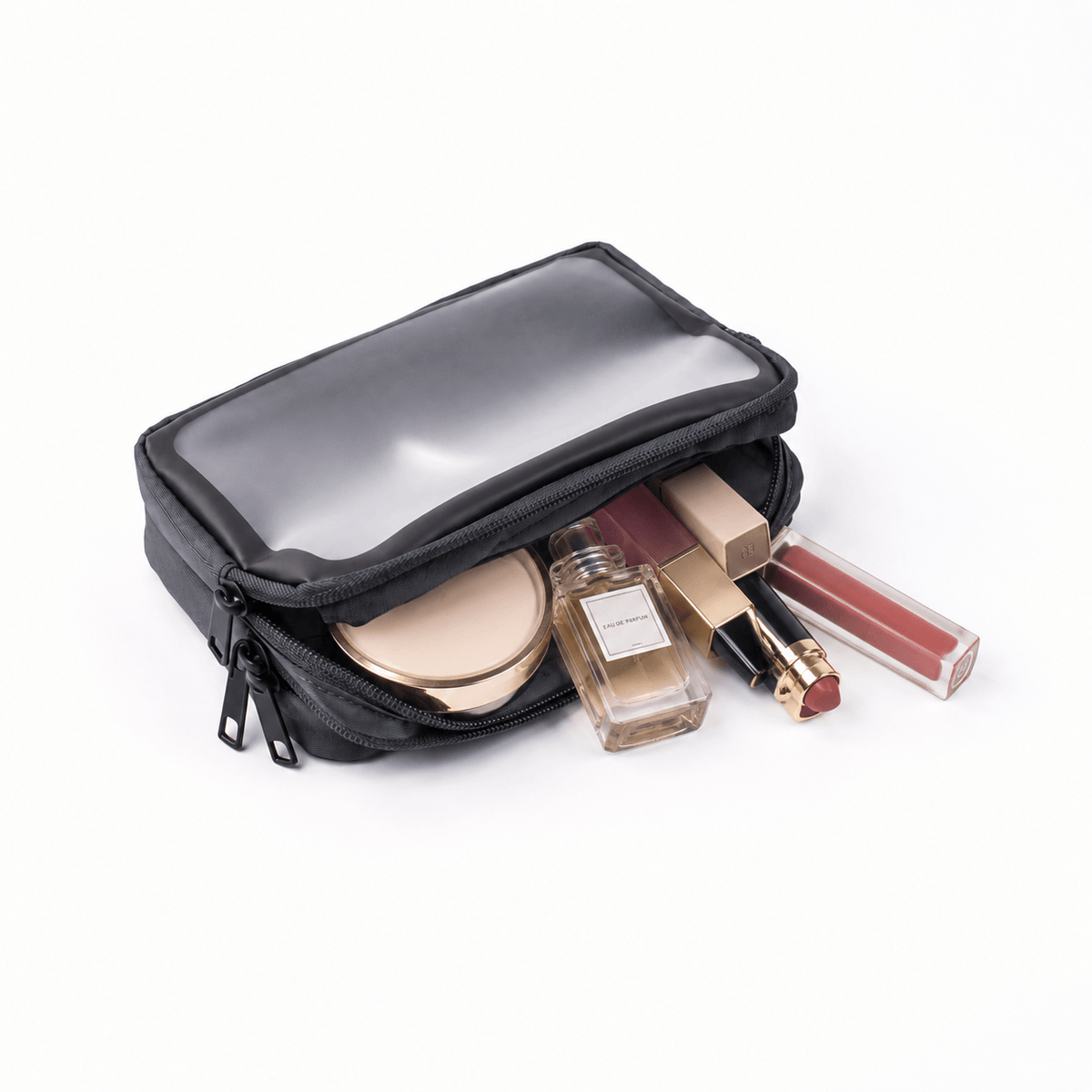 A grey cosmetic bag with a clear plastic top window, shown open with various makeup items like a compact mirror, perfume bottle, lipstick, and lip gloss peeking out, on a white background.