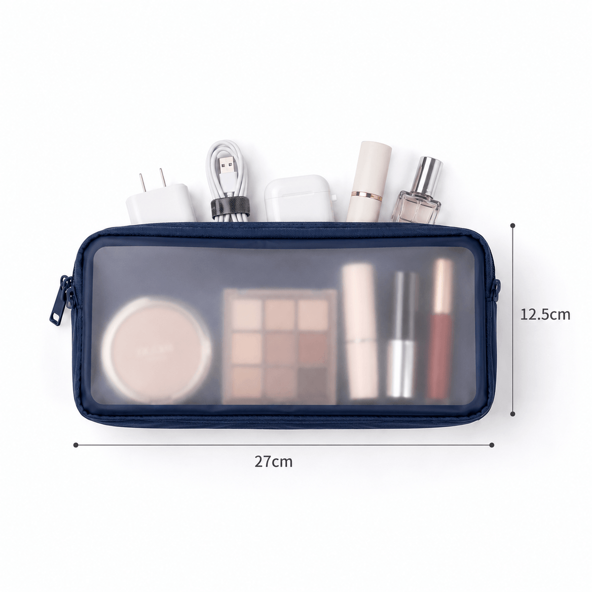 A navy blue zippered cosmetic bag with a clear front window, shown filled with makeup items and accessories on a white background. Black dimension lines indicate a width of 27cm and a height of 12.
