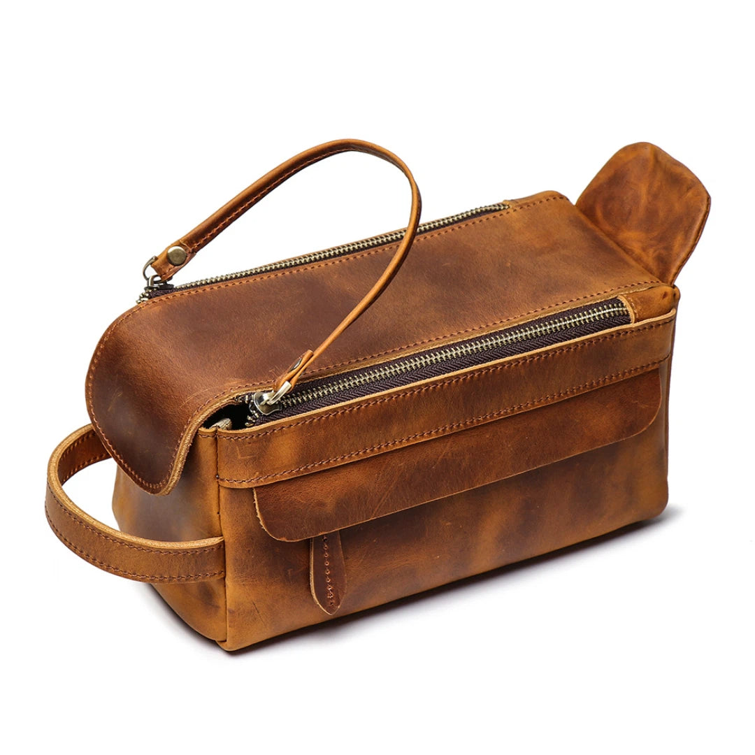 Double-Zip Leather Men's Toiletry Bag