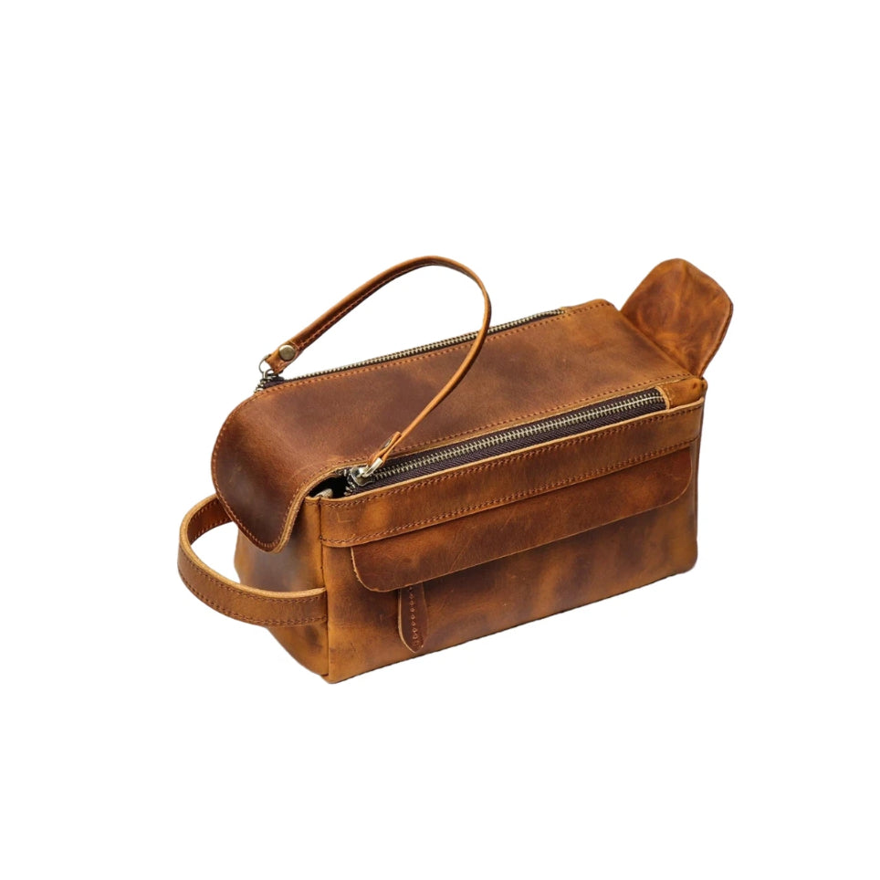 Double-Zip Leather Men's Toiletry Bag