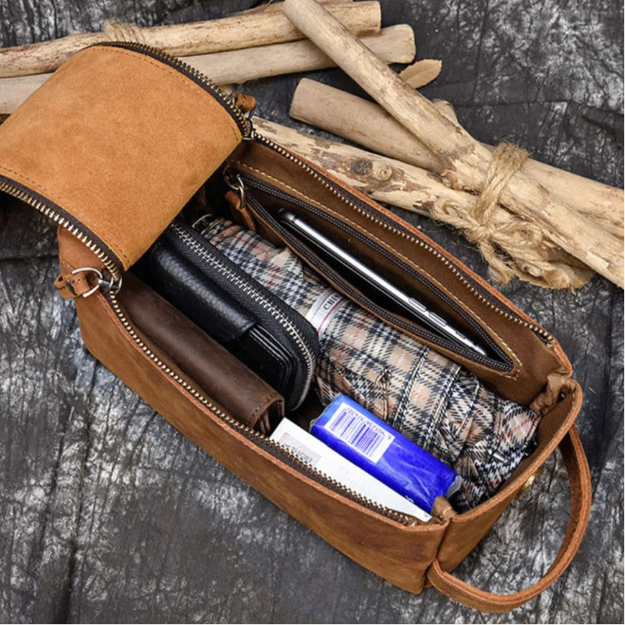 Double-Zip Leather Men's Toiletry Bag