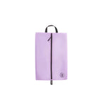 Purple shoe bag with a black zipper on a white background