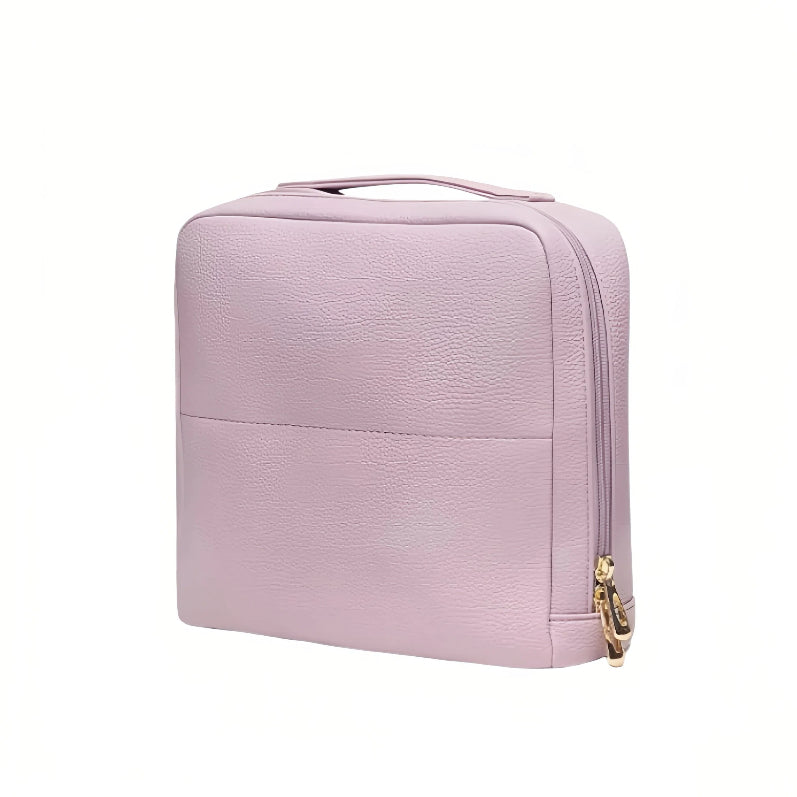 Violet upright makeup bag with a gold zipper on a white background