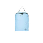 Light blue travel bag with black zipper on a white background