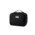 Black makeup case with a gold tag on a white background 